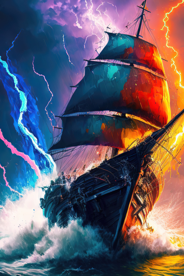 Большой нарисованный корабль в море в грозу