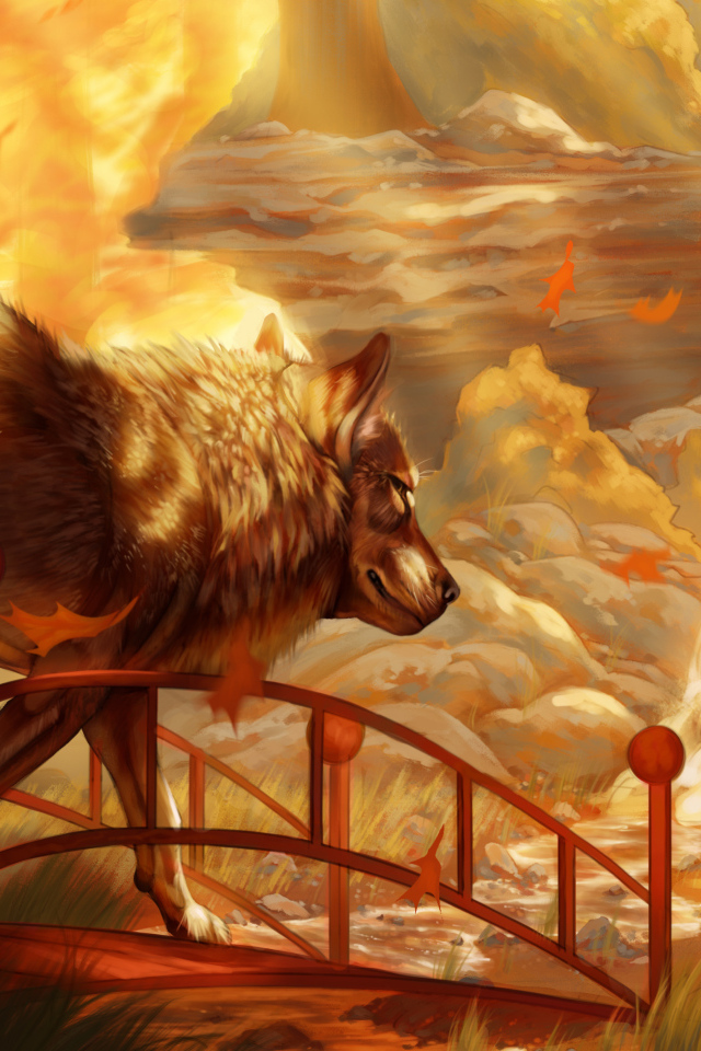 Нарисованный большой волк у водопада