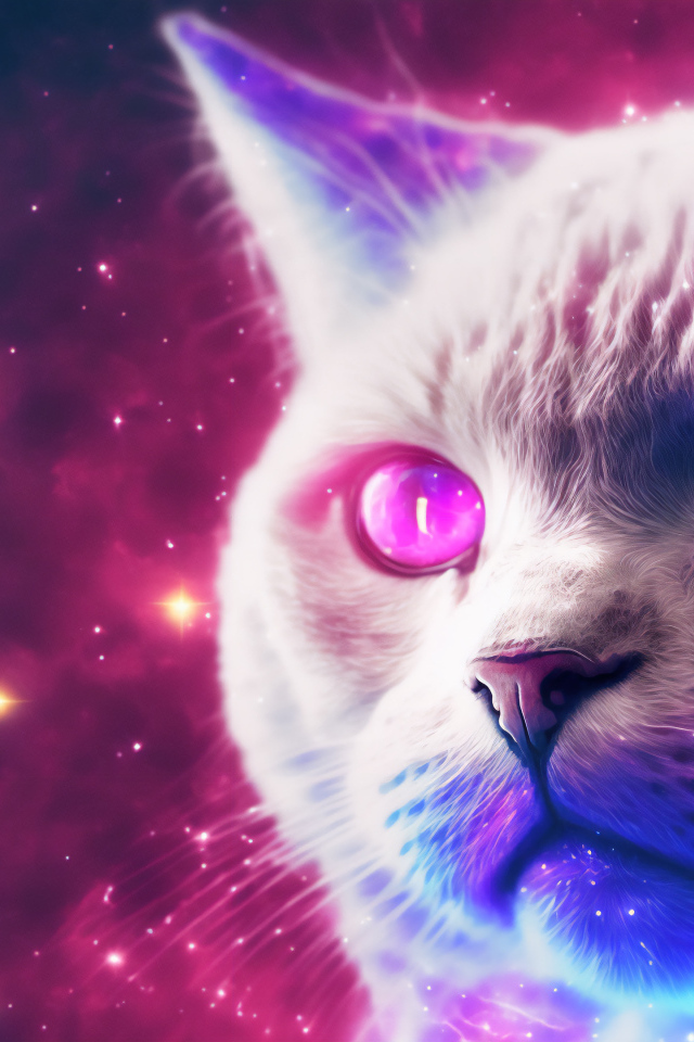 Нарисованный белый неоновый кот 