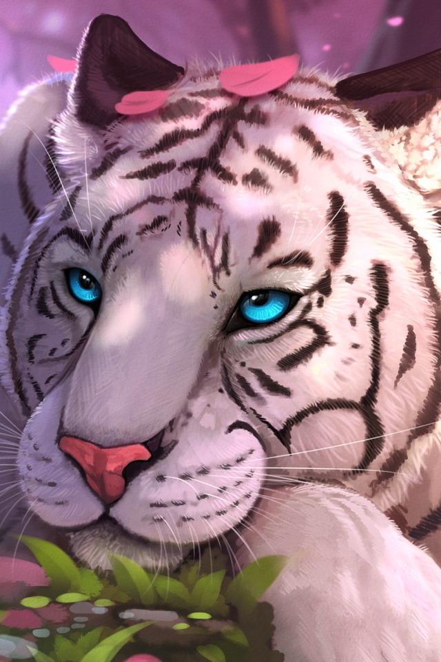 Нарисованный белый тигр с голубыми глазами