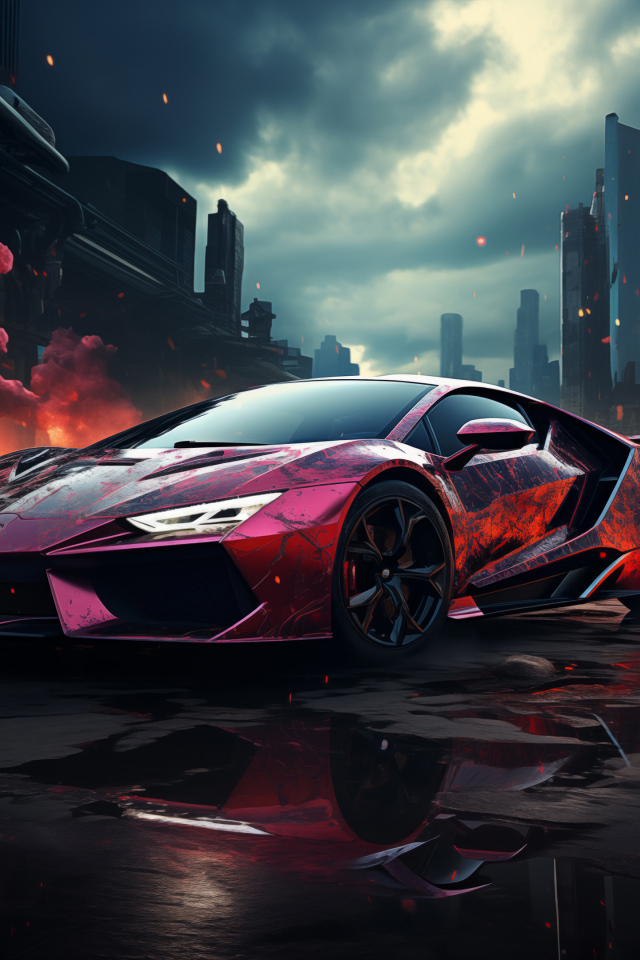 Спортивный автомобиль в красном дыму