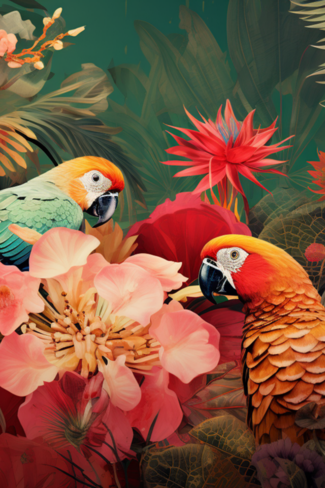 Два красивых попугая в цветах