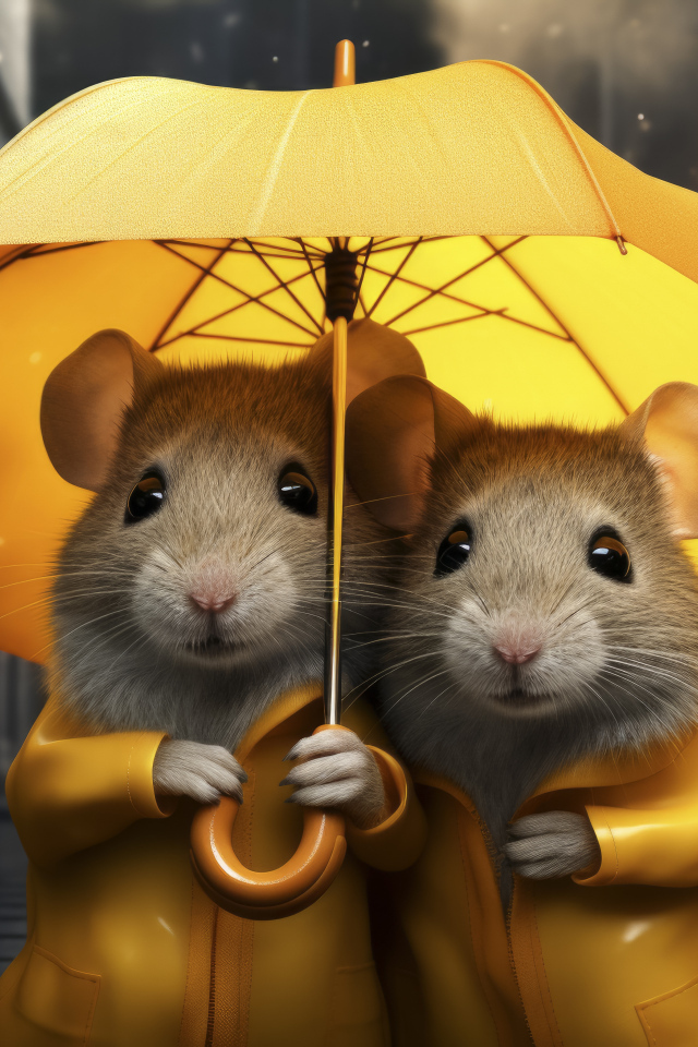 Две серые крысы под желтым зонтом