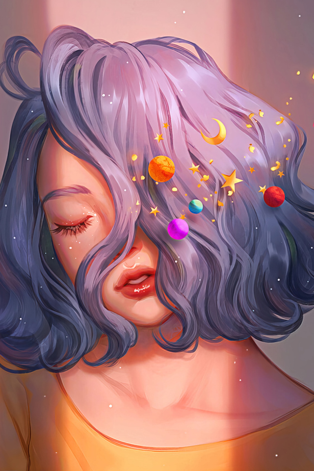 Красивая девушка с закрытыми глазами с фиолетовыми волосами