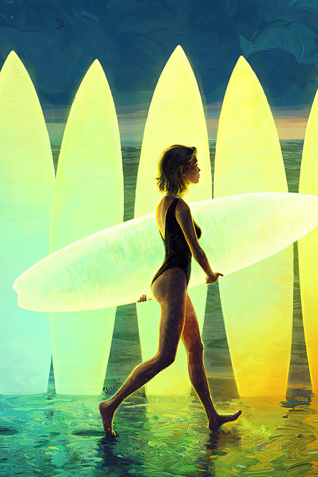 Девушка с доской для серфинга у моря