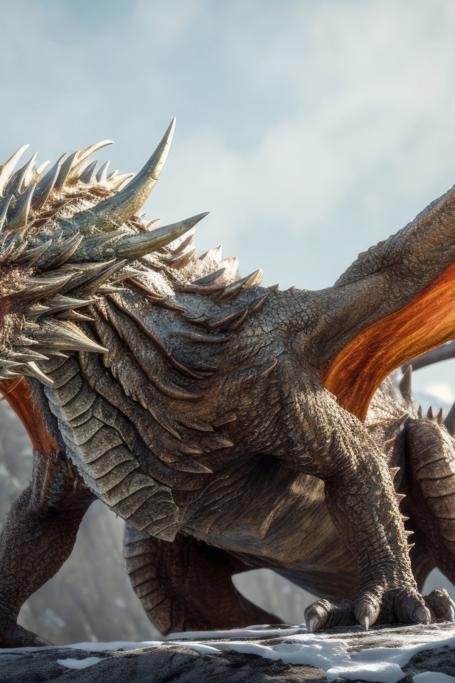 Дракон с расправленными крыльями и широко открытой пастью на горе