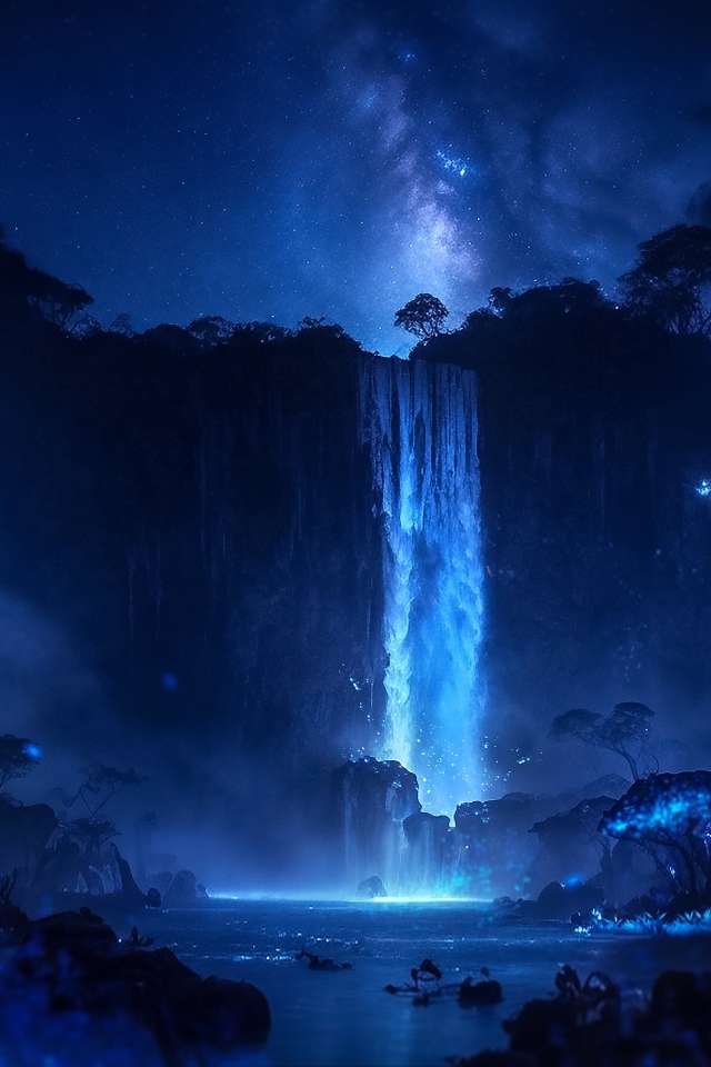 Фантастический водопад стекает с утеса в реку