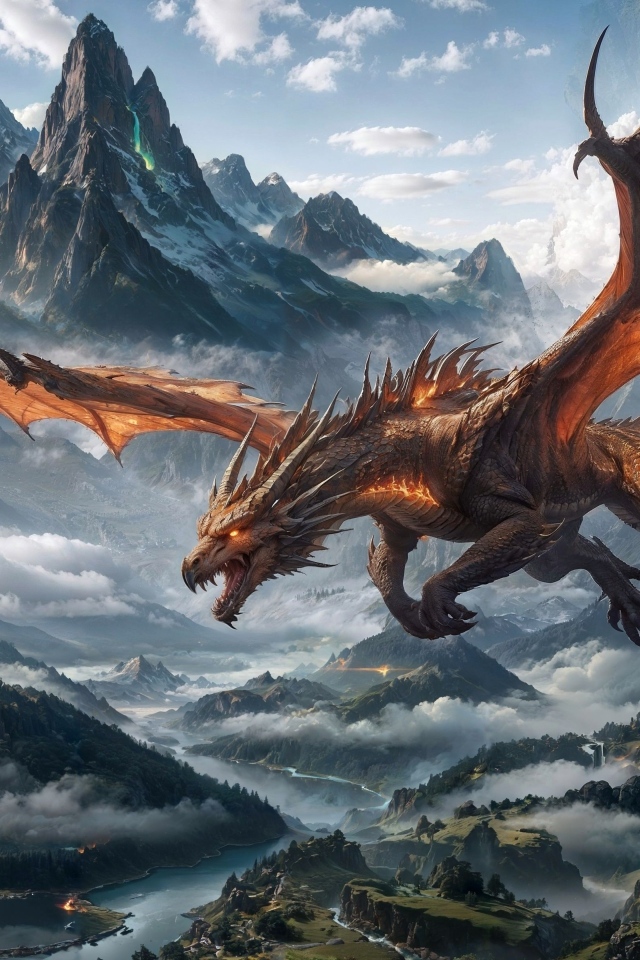 Большой дракон парит на горами