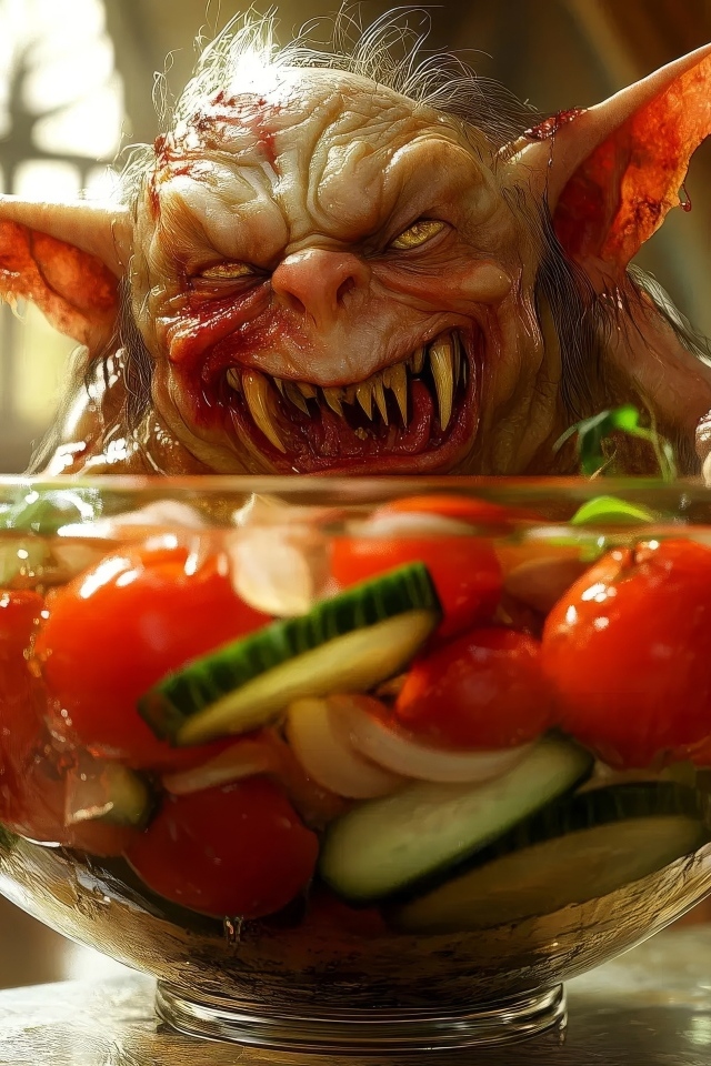 Маленький гремлин с острыми зубами стоит на кухонном столе с чашкой салата в руках