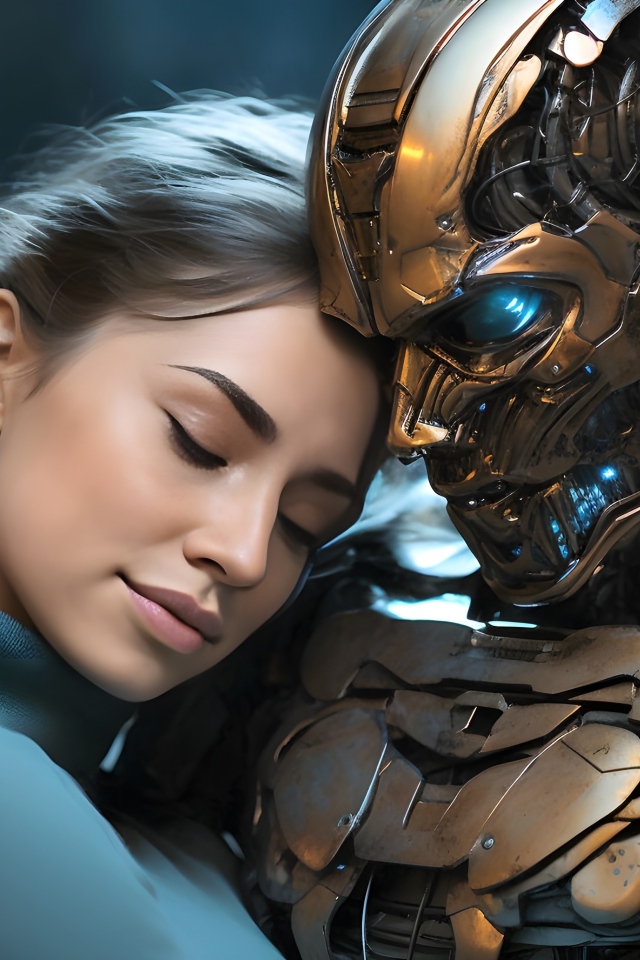 Молодую девушку обнимает железный робот