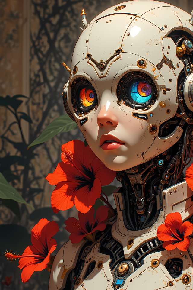 Андроид с большими глазами и телом на котором растут красные цветы