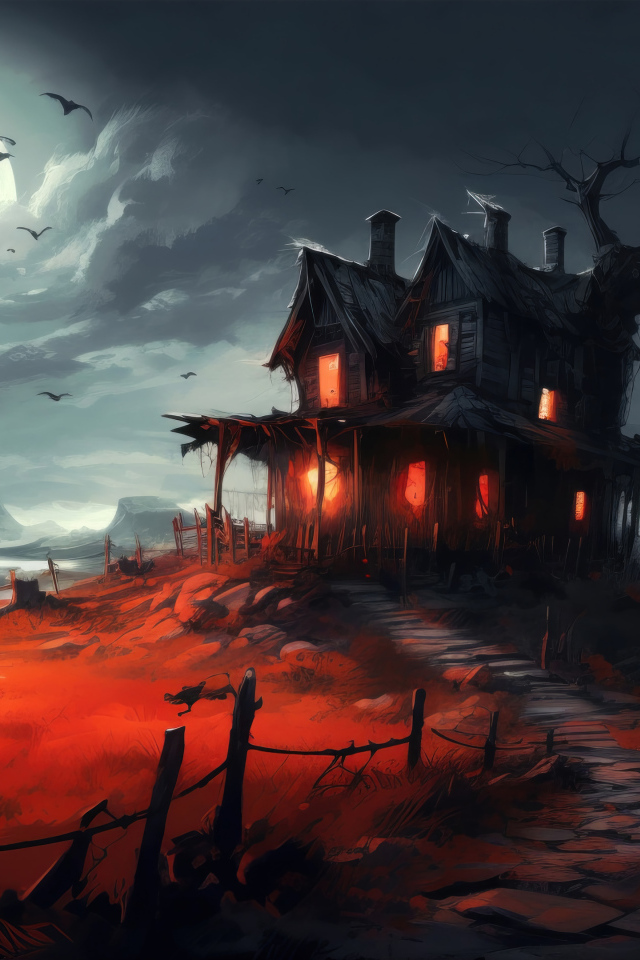 Зловещий черный дом на фоне яркой луны