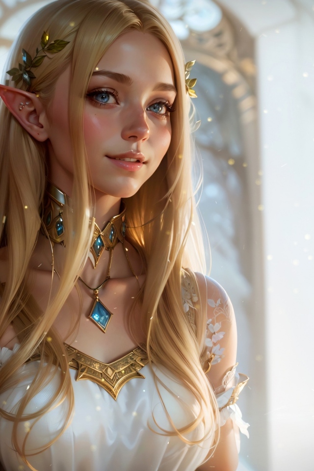 Красивая голубоглазая девушка эльф в белом платье