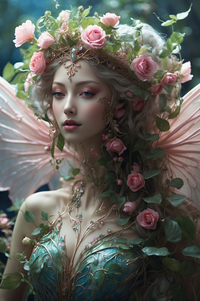 Красивая девушка фея с цветами на голове