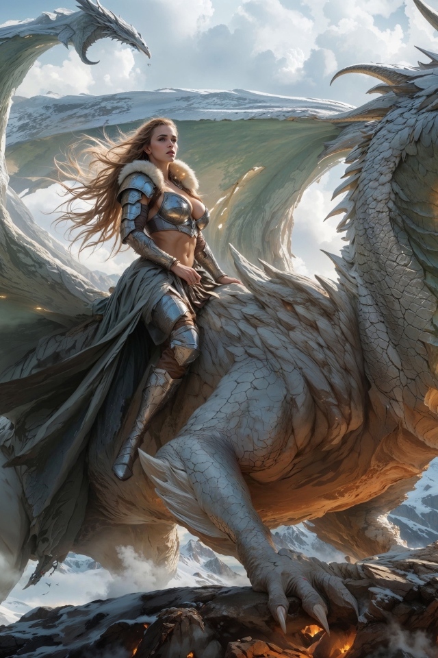 Красивая девушка воин верхом на драконе в горах