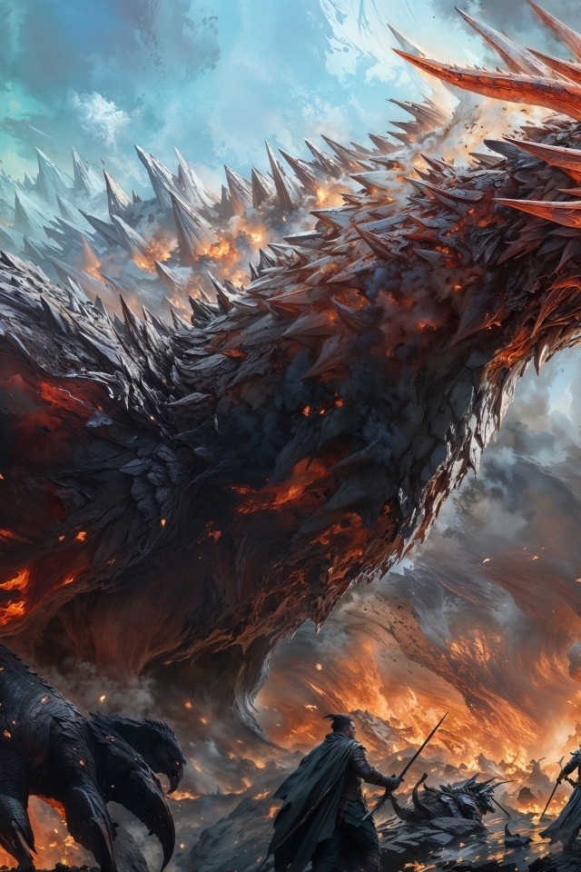 Большой злой дракон в огне с воинами