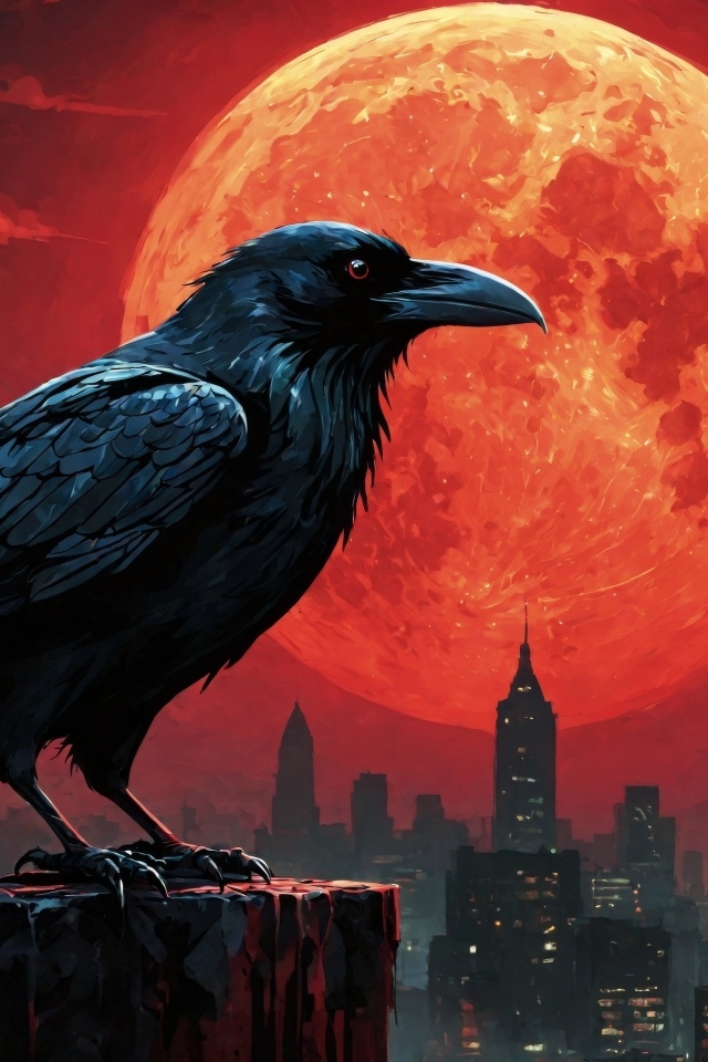 Черный ворон на фоне красной огненной луны