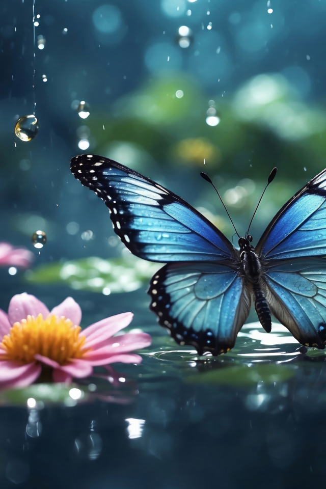 Голубая бабочка под дождем у розовых цветов