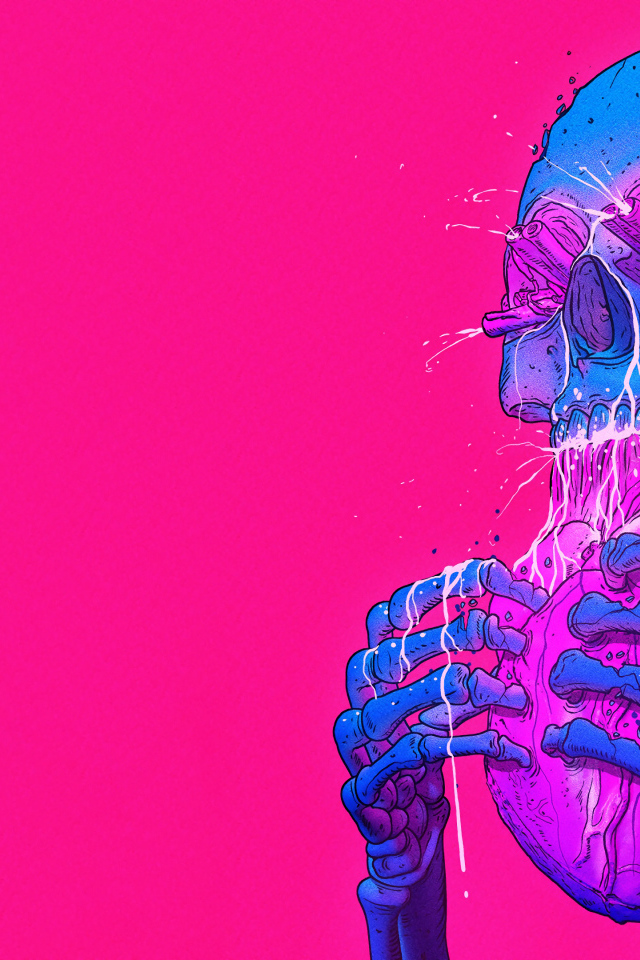 Синий скелет ест сердце на розовом фоне