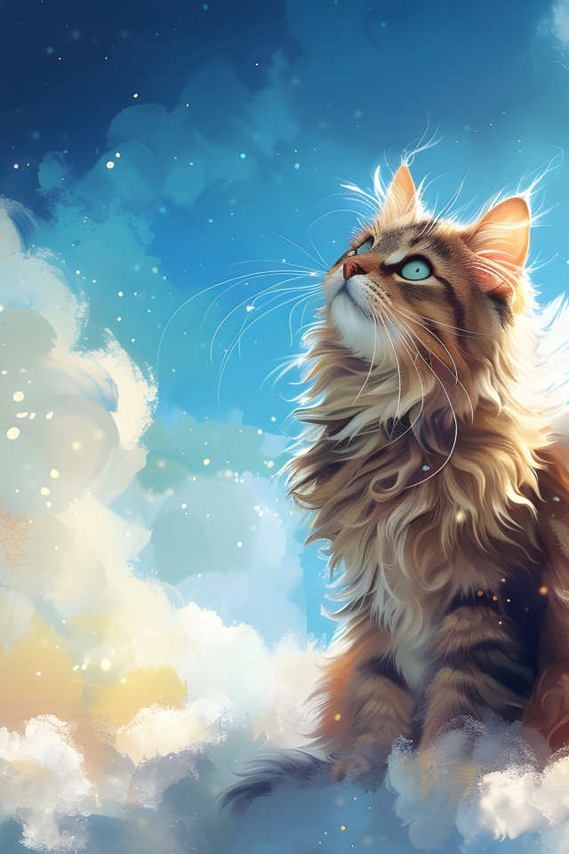 Кот - ангел с белыми крыльями сидит на облаке и смотрит вверх