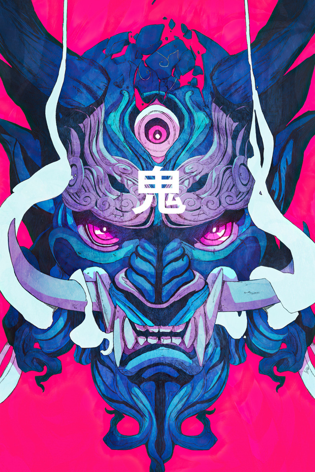 Маска демона на розовом фоне 