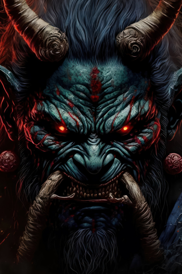Демон с красными глазами крупным планом
