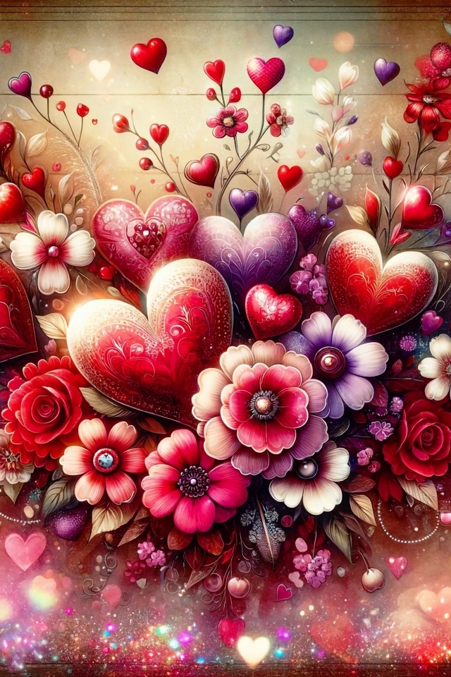 Нарисованные фантастические цветы с сердечками