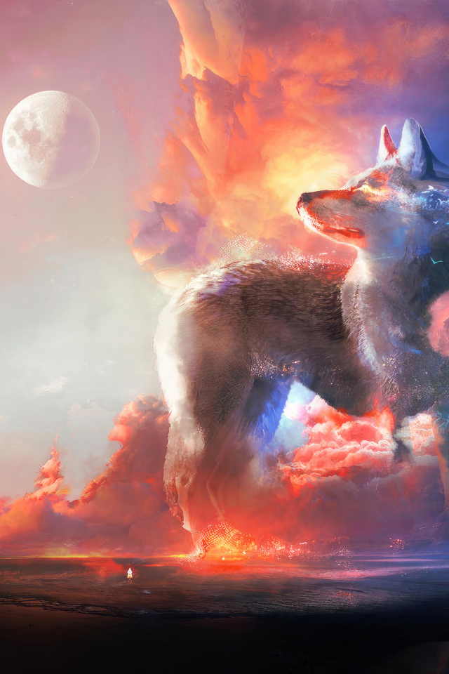Фантастический неоновый волк на фоне луны