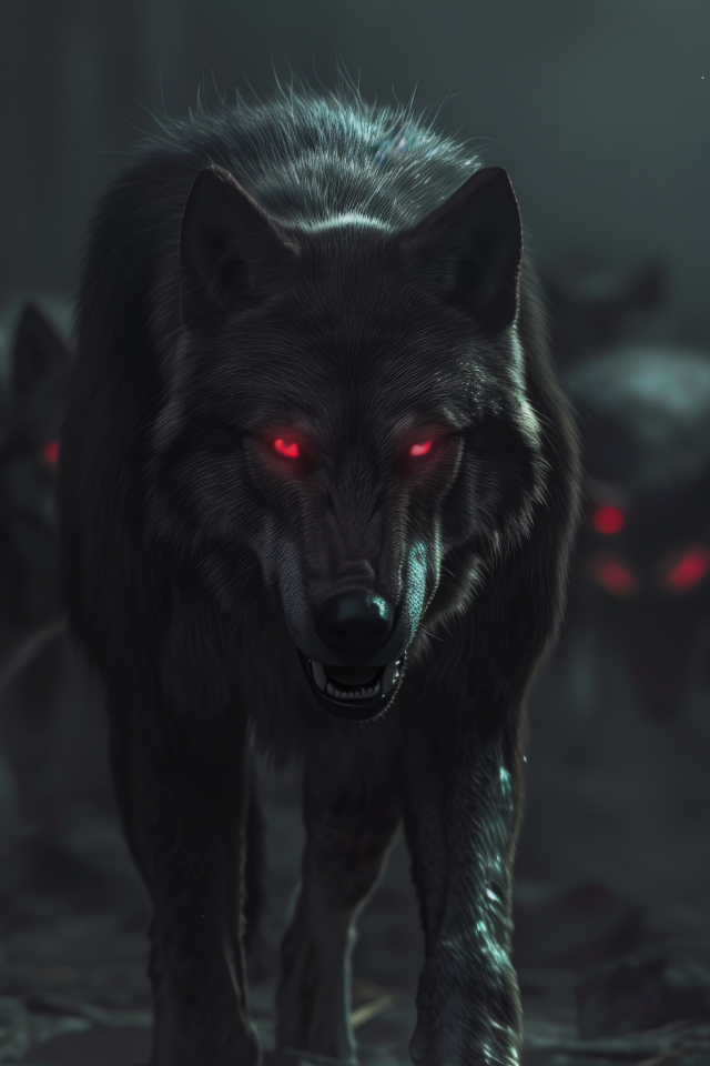 Фантастические волки с красными глазами