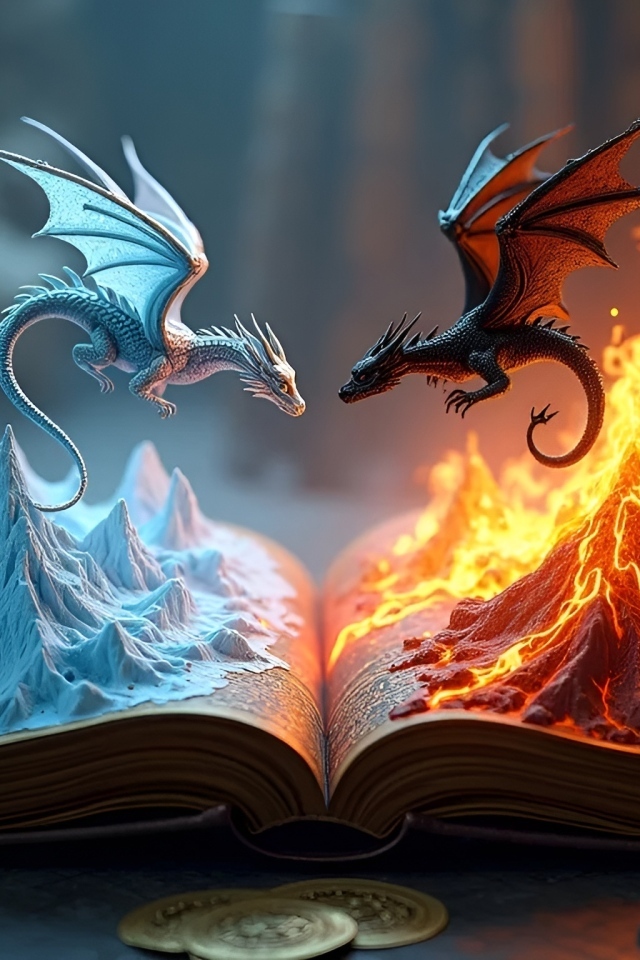 Огненный и снежный драконы парят над книгой
