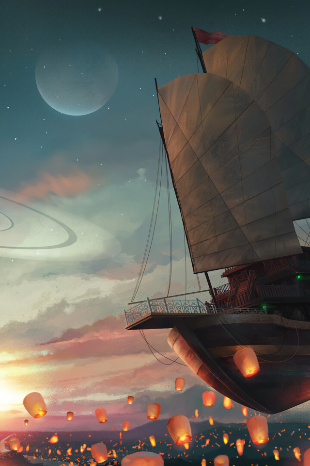 Летающий корабль в небе с китайскими фонариками