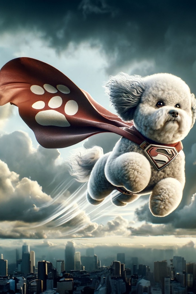 Летающая собака супергерой над городом