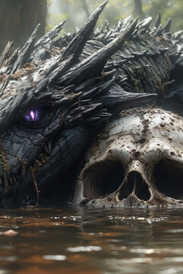 Лесной водяной монстр лежит в пруду на черепе