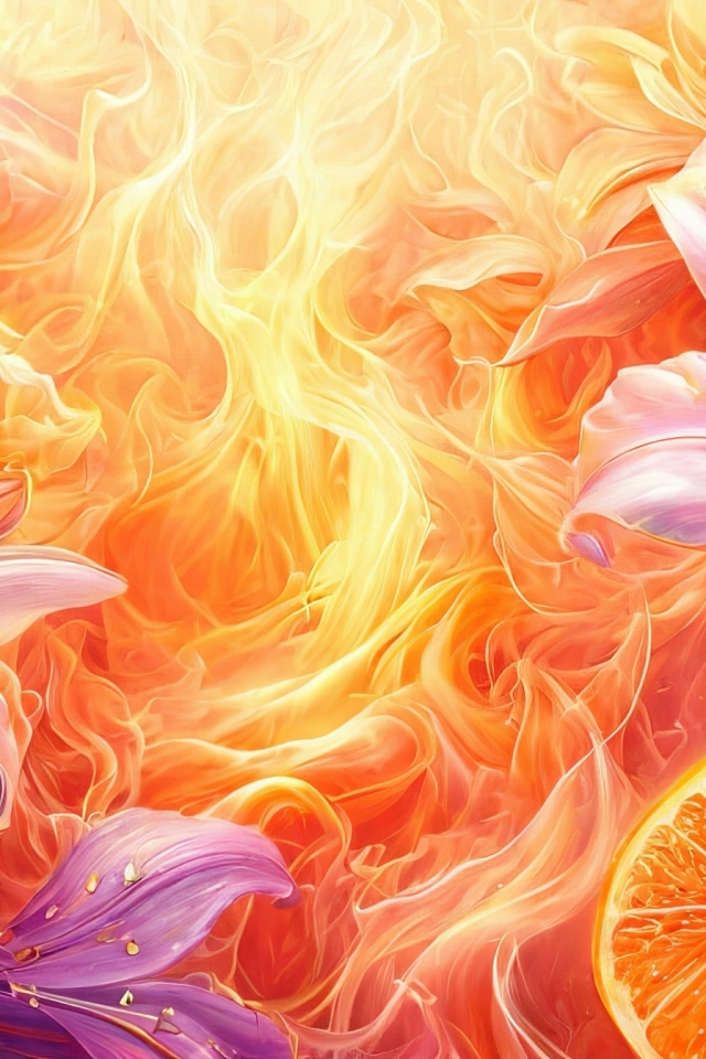 Лилии и апельсины на ярком огненном фоне