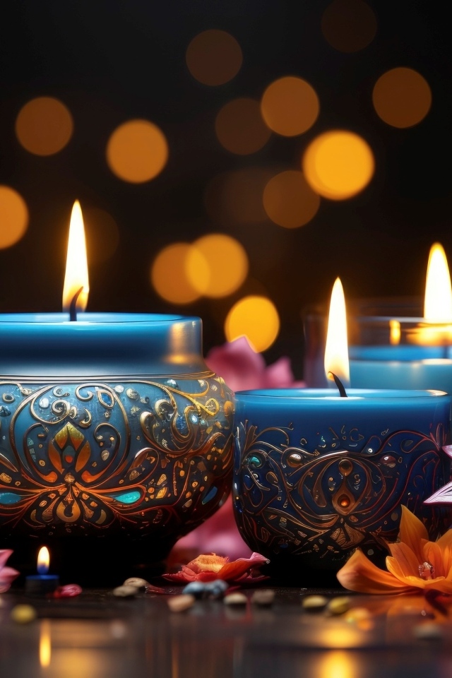 Зажженные красивые свечи с цветами на столе