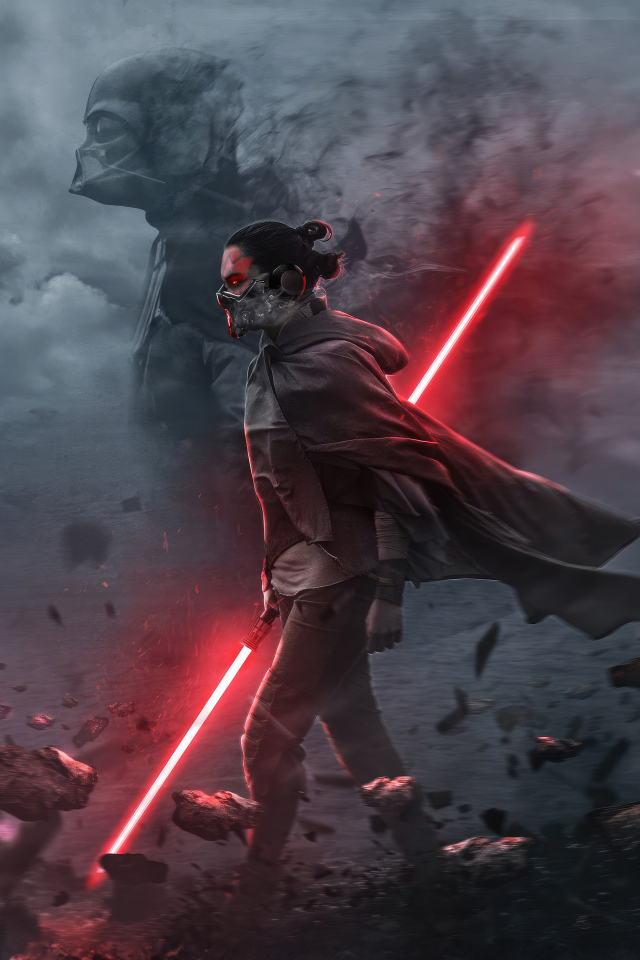 Мужчина воин с красным лазерным мечом