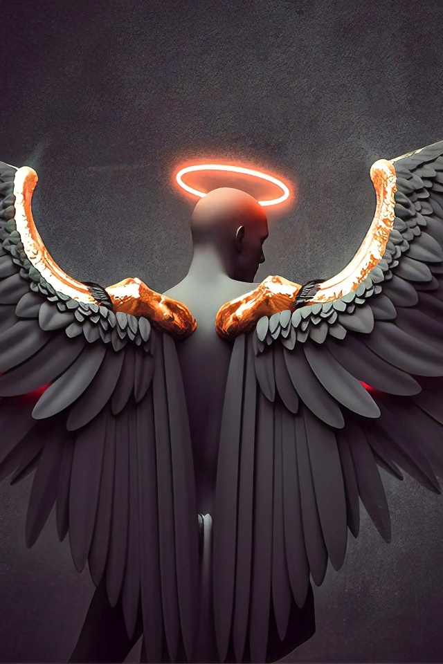 Мужчина с большими крыльями ангела на сером фоне