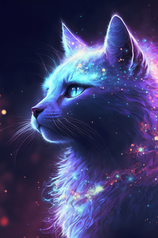 Неоновый фантастический кот с голубыми глазами