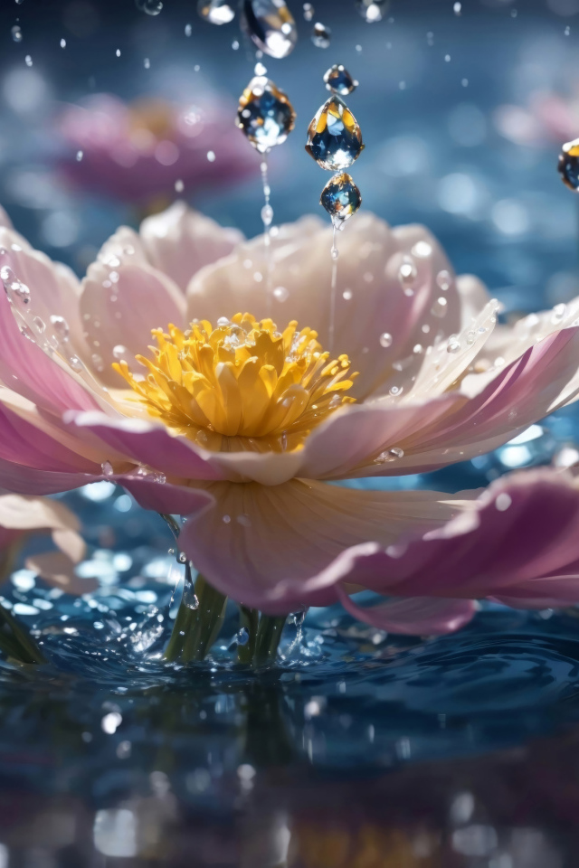 Розовые фантастические цветы в воде под дождем