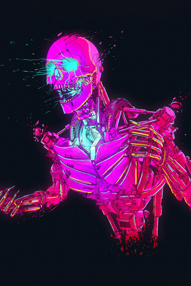 Розовый робот скелет на черном фоне