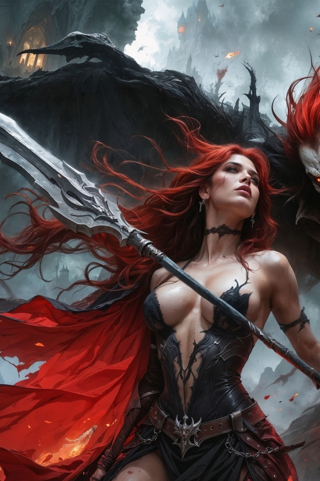 Рыжеволосая девушка с копьем с монстром