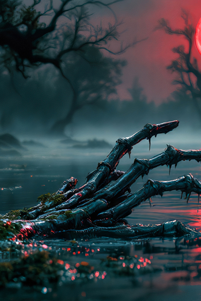 Рука скелета в воде на фоне красной луны