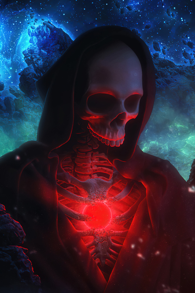 Скелет в черном плаще на фоне космического неба