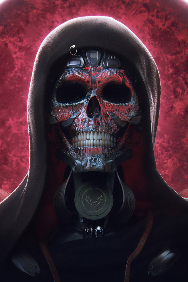 Скелет в плаще на фоне красного круга