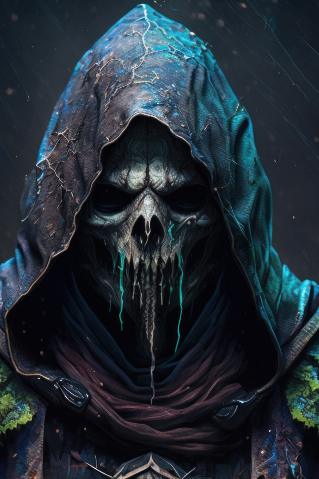 Скелет в плаще с капюшоном на черном фоне