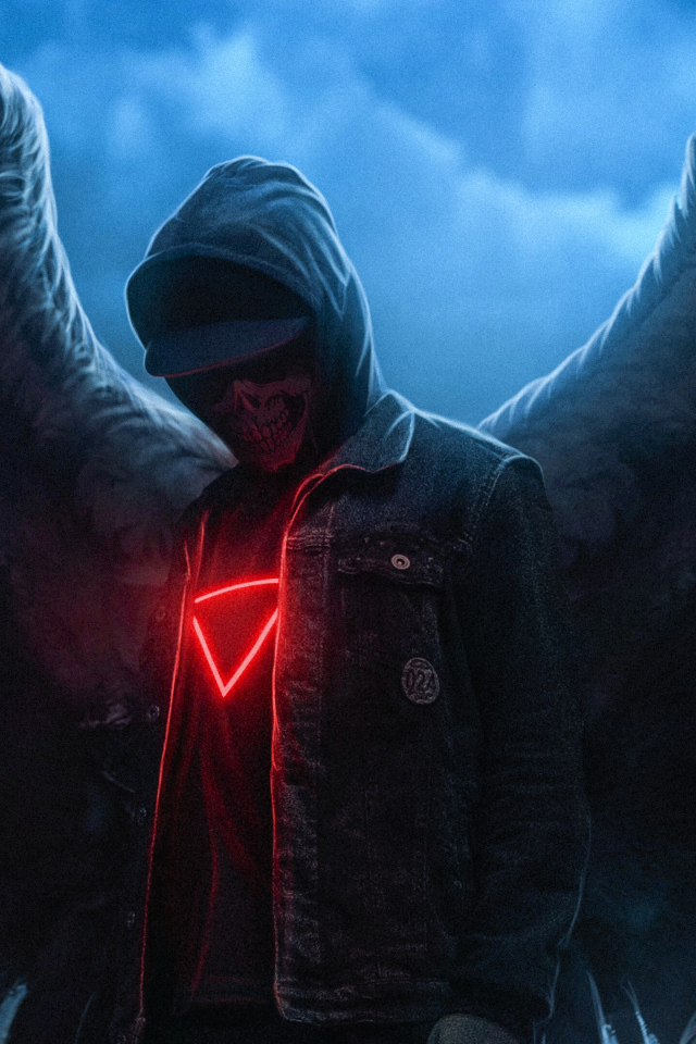 Скелет в куртке с большими крыльями ангела