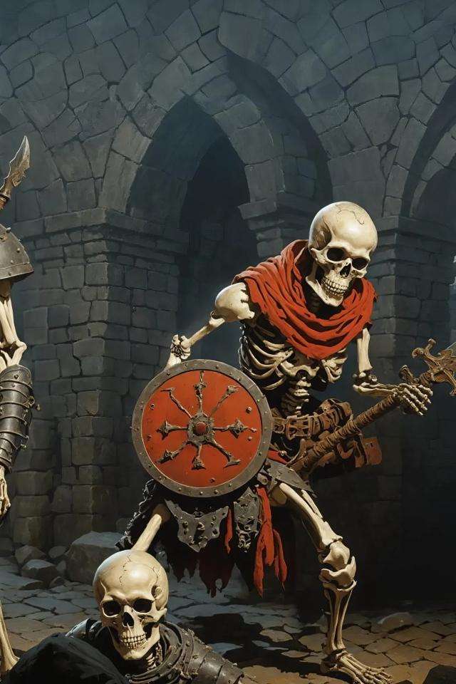 Скелеты в доспехах с оружием в руках в старинном замке