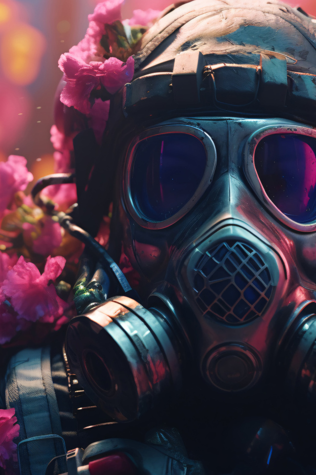 Солдат в противогазе в цветах