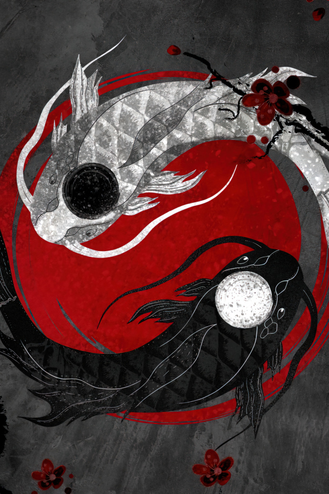 Две рыбы инь и янь на сером фоне