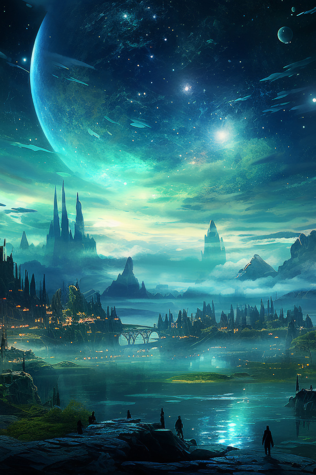 Вид на фантастический город ночью 